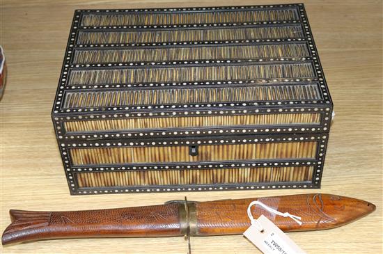 A 19th century porcupine quill and bone-inlaid work box (a.f) and a carving set in the form of a fish